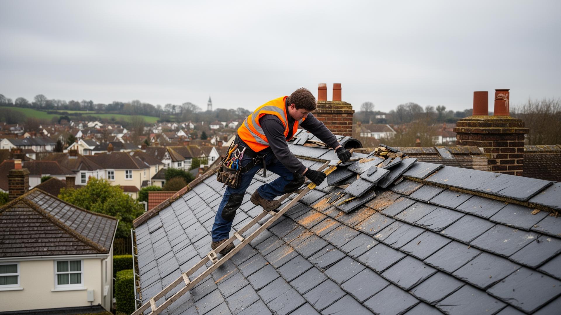 Professional roofer working on a residential roof in Southampton, replacing tiles on a sunny day